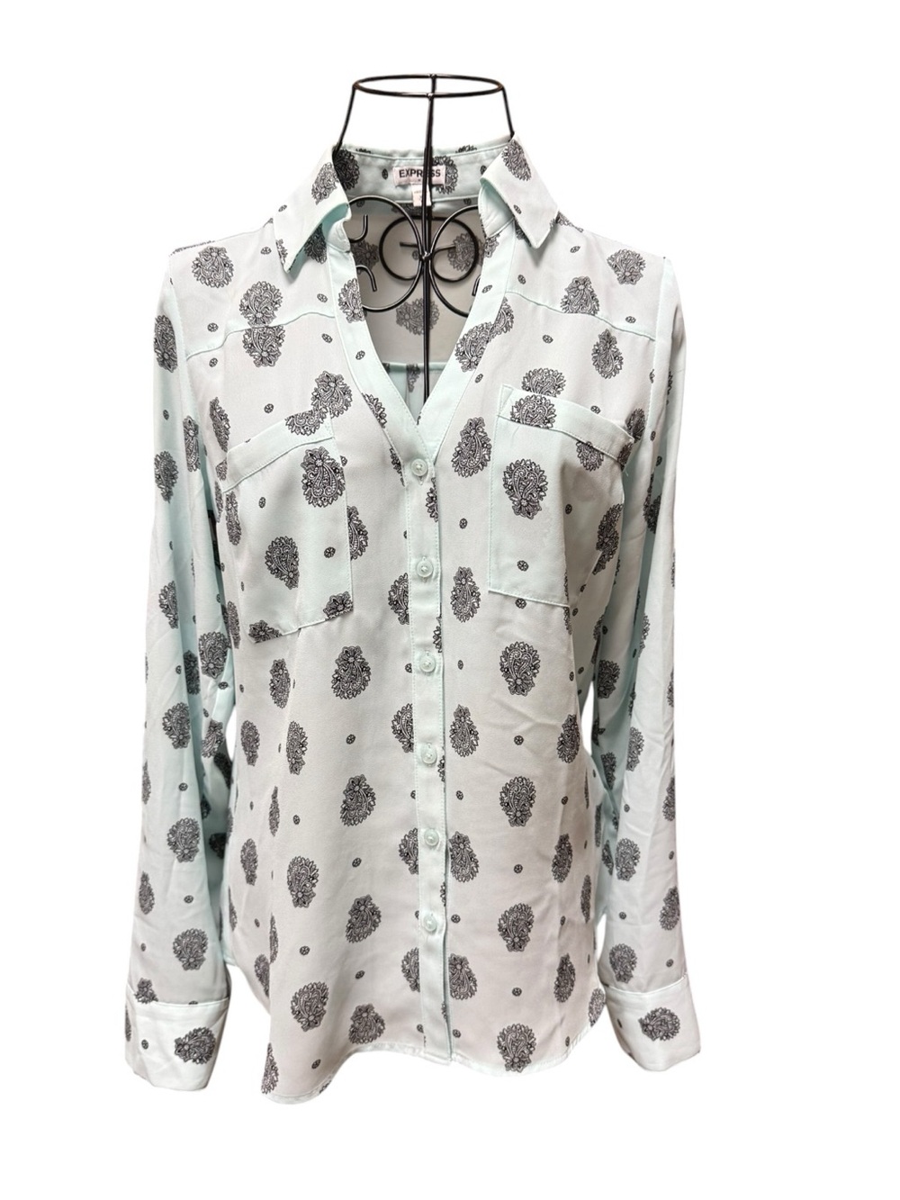 Express Mint Green Button-Down Shirt with Gray Floral Print XS